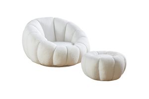 SalesFever Sessel und Hocker Set | mit 360° Drehfunktion | Bezug Teddyfell | Gestell Metall | B 97 x T 95 x H 65 cm | weiß