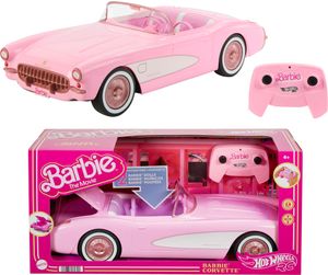 Hot Wheels RC Barbie Corvette, diaľkovo ovládané autíčko na batérie z celovečerného filmu Barbie, priestor pre 2 bábiky Barbie, otvárací kufor na uloženie príslušenstva