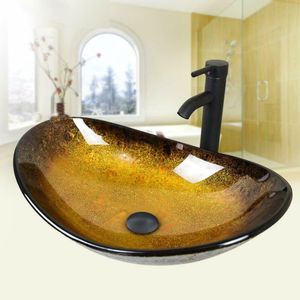 Puluomis Waschbecken Glas Aufsatzwaschbecken Waschschale Oval mit Wasserhahn Ablaufgarnitur Schwarz  Gelb Gold