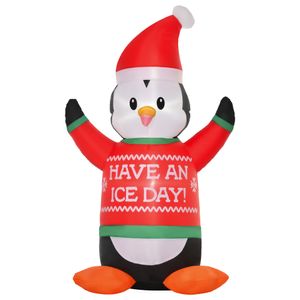 HOMCOM Aufblasbare Pinguin-Figur 1,88 m Weihnachtsdekoration mit Lichtern Weihnachten Dekoration automatisches Aufblasen wetterfest Polyester Weiß+Schwarz+Rot+Grün 112 x 93 x 188 cm
