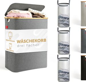 Blumtal Wäschekorb 3 Fächer 150L mit 3 herausnehmbaren Wäschesäcken grau, Wäschesammler 3 Fächer, Pfandflaschen Sammelbehälter, Wäschekorb mit Deckel