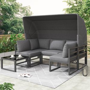 Flieks sofa ogrodowa z daszkiem przeciwsłonecznym, zestaw wypoczynkowy ogrodowy 4-częściowy, zestawy mebli balkonowych 5-osobowe, zestaw wypoczynkowy ze stołem ogrodowym, zestawy mebli ogrodowych szare Flieks sofa ogrodowa z daszkiem przeciwsłonecznym, zestaw wypoczynkowy ogrodowy 4-częściowy, zestawy mebli balkonowych 5-osobowe, zestaw wypoczynkowy ze stołem ogrodowym, zestawy mebli ogrodowych szare