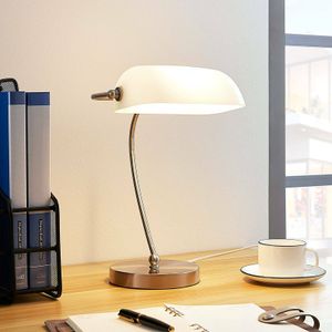 Lindby Bankerlampe weiß, nickel satiniert, Retro Schreibtischlampe, Bürolampe, Tischlampe 1x E27 max. 60W, ohne Leuchtmittel, Schreibtischbeleuchtung