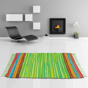 Flickenteppich handgewebter Teppich aus Baumwolle, stylischer und strapazierfähiger Fleckerlteppich (60 x 90cm / hellgrün - limettengrün)