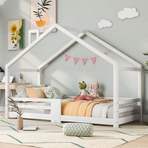 Flieks House Postel Cot 90*200cm, borovicová postel s ochranou proti vypadnutí a komínem, podlahová postel jednolůžko s roštovým rámem, bílá