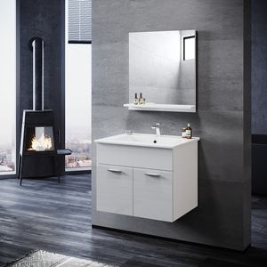 SONNI Badezimmerschränke Badmöbel-Set mit Waschbecken Unterschrank und Spiegel Weiß Hochglanz 2 teilig