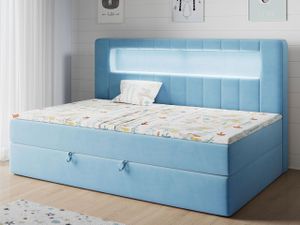 Kinderbett mit Led - Polsterbett GOLD JUNIOR2 - Mit Matratze Jugendbett Funktionsbett Led Bett Boxspringbetten - Blau 90 x 200 cm