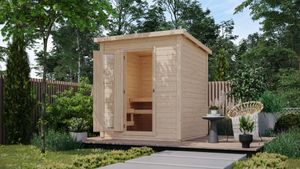 Karibu 38 mm Saunahaus Melo 2 naturbelassen mit Ofen 9 kW integrierter Steuerung Außensauna Gartensauna