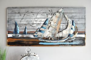 3D Wandbild "COOPER M " aus Metall/Holz "Segelschiff mit Weltkarte auf dem Meer 120 x 60 cm