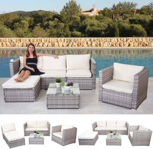 Poly-Rattan-Garnitur Brescia, Gartengarnitur Sitzgruppe Sofa Lounge-Set  grau, Kissen creme