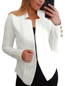 Damen Blazer Langarm Outwear Solide Farbe Casual Zip Up Arbeit Outdoor Mantel Jacken Weiß,Größe XS