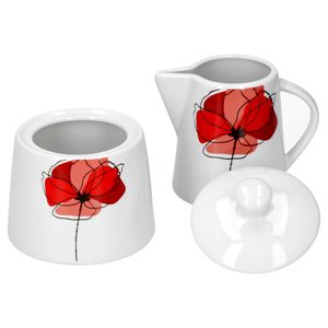 Zucker Milch-Set Monika Zuckerdose mit Deckel Milchkännchen Mohn-Blume rot edles Porzellan