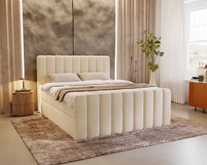 MYSEN Boxspringbett 140x200 Magic Plus mit Bettkästen mit Matratze (14 cm) mit Topper (4 cm) Komplett-Set Polsterbett Bonell H3 Creme
