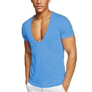 Einfarbiges Herrenhemd Mit Tiefem V-Ausschnitt Aus Baumwolle, Lässiges Kurzarm-T-Shirt,Farbe: Blau,Größe:M