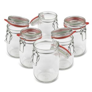 Dr. Oetker Einmachgläser mit Bügelverschluss 1140 ml, Vorratsglas mit Deckel, luftdichtes Marmeladenglas, vielseitiges Einweckglas, Bügelverschlussglas (Farbe: Transparent / Rot), Menge: 6 Stück