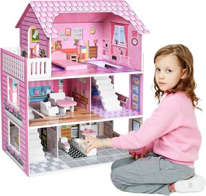 TRMLBE Kinder Puppenhaus Holz Barbie Haus 70x60x24cm Puppenstube Set Rosa 3 Etagen PLAYMOBIL Dollhouse mit Möbeln & Zubehör Puppenvilla DIY Wohnmobil Haus Traumvilla, für Mädchen und Jungen