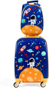 GOPLUS 2 TLG. Kinder Reisekoffer Set, Kinderkoffer mit Rucksack, Reisekoffer mit Rollen & Teleskopgriff, Hartschalenkoffer Farbwahl (12"+18", Astronauten)