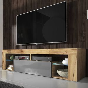 Selsey TV-Schrank BIANKO TV-Lowboard in Holz-Optik Lancaster Eiche mit Klappe in Grau Hochglanz mit LED-Beleuchtung Stehend 140cm