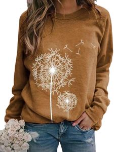 Damen Loose Dandelion Print Pullover Sweatshirt Langarm Top T-Shirt,Farbe: ,Größe:,Farbe: Khaki,Größe:XL