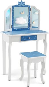 Dětský toaletní stolek COSTWAY, toaletní stolek s trojitým skládacím zrcadlem, zásuvkou a stoličkou, toaletní stolek a psací stůl 2 v 1 s odnímatelnou deskou, toaletní stolek pro dívky (modrý + bílý)