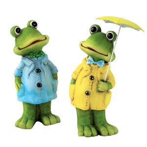 2 Stück Frosch Figuren im Regenmantel mit Schirm 20 cm Dekofiguren