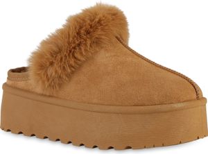 VAN HILL Damen Warm Gefüttert Pantoffeln Hausschuhe Bequem Kunstfell Schuhe 841354, Farbe: Hellbraun, Größe: 37