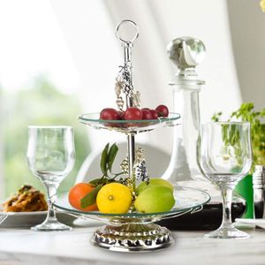 Obstschale Edelstahl Glas Obstständer 2 Etagen Obstkörbe und Tortenständer mit runder Glasplatte und Silber Edelstahl-Halter