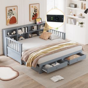 Flieks Tagesbett Daybed Schlafsofa 90x190cm mit Ausziehbett und Schubladen, Holzbett Jugendbett mit Ladefunktion und Regal, Gästebett Grau