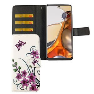 Xiaomi 11T Pro Tasche Handy Hülle Schutz-Cover Flip-Case mit Kartenfach, Farbe:Lotusblume Weiß