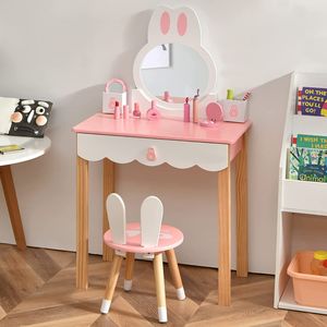 COSTWAY Detský toaletný stolík so stoličkou, toaletný stolík pre princezné so zásuvkami so zrkadlom a úložným boxom, toaletný stolík pre deti a dievčatá