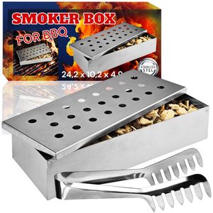 Edelstahl Räucherbox + Zange Smokerbox Räucherdose Holzkohle Grill Box BBQ