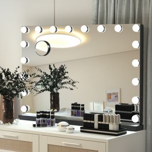 Puluomis Kosmetikspiegel Hollywood 80x60cm, Schminkspiegel mit Beleuchtung, 18 LED 3 Farben Dimmbar mit USB, 10fach Vergrößen, Wandspiegel schwarz