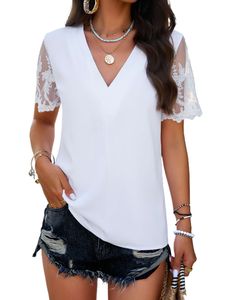 Damen T-Shirts Spitzen Shirts Kurze Ärmel Lässig Tee V-Ausschnitt Pullover Sommershirt Weiß,Größe Xl
