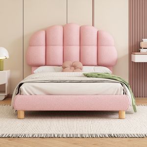 okwish Einzel-Kinderbett 90x200 cm, Lattenrost aus Holz, weicher runder Samt, gepolstertes Bett für Kinder zum bequemen Schlafen, rosa