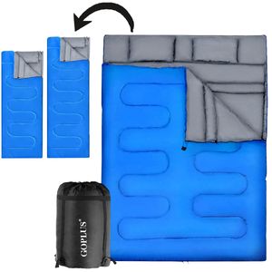 GOPLUS Doppelschlafsack mit 2 Kissen, 220x150cm Schlafsack Camping, Schlafsack 2 personen, 0 - 15 °C Deckenschlafsack, 2 Wege zur Nutzung, Blau