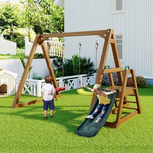 okwish Kinder-Doppelschaukel, stabile Kinderschaukel mit Rutsche und Kletterleiter, Outdoor-Schaukelgestell aus Massivholz, 238,5x240x168,9 cm