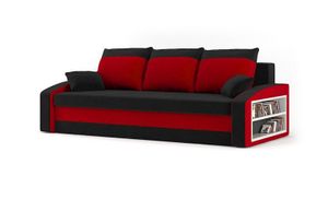 Couch HEWLET 220x90 mit REGAL RECHT und Schlaffunktion - Schlafcouch mit Bettkasten - STOFF HAITI 17 + HAITI 18 Schwarz&Rot