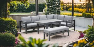 MEXO Alu Gartenmöbel-Sets Ecklounge mit großem Tisch und Bank für 9 Personen, grau