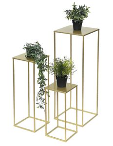 DanDiBo Blumenhocker Metall Gold Eckig 3er Set Blumenständer Beistelltisch 96406 Blumensäule Modern Pflanzenständer Pflanzenhocker