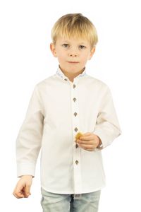 OS Trachten Kinder Hemd Jungen Langarm Trachtenhemd mit Stehkragen Vaboyo, Größe:146/152, Farbe:weiß-mittelblau