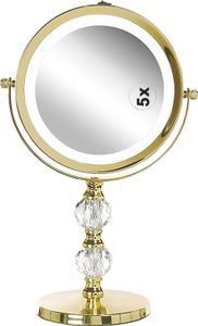 BELIANI Schminkspiegel Gold Eisen rund doppelseitig drehbar mit LED Licht Ständer 5-fach Vergrößerung Modern Kosmetikspiegel Tischspiegel