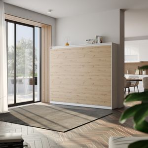 Smartbett® Schrankbett 160x200 Horizontal Platinweiß / Wildeiche W3 Klassik mit Gasdruckfedern