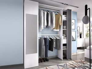 Kleiderschrank mit Vorhang & 1 Tür + Spiegel - L. 177 cm - Weiß und Grau - BERTRAND