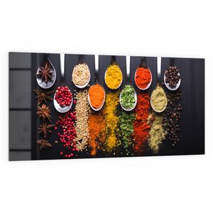 DEQORI Küchenrückwand Glas 100x50 cm 'Kochlöffel mit Gewürzen' Spritzschutz Bad Rückwand