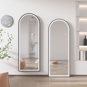 Standspiegel 160×60cm 3 Lichfarbe dimmbar Memory Touch/Wandschalter Ganzkörperspiegel Schwarz Rahmen Wandspiegel Bogen Spiegel Hängespiegel Ankleidespiegel mit Explosionsgeschützte