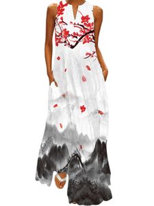 Damen Sommerkleid Boho Langes Kleid Ärmelloses Maxikleid Strandkleider mit Taschen Style-d,Größe L