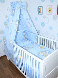 Primawela Baby Bettset - 6 teiliges Set mit Vollstoff Himmel Bettwäsche Nestchen 23. Bärchen auf Leitern Blau