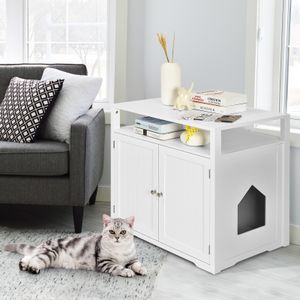 COSTWAY Cat House Litter Box Cabinet, kočičí doupě s vchodem, pelíškem a policí, dřevěný box na stelivo, box pro kočky psy domácí mazlíčky 80x54x71cm, bílý