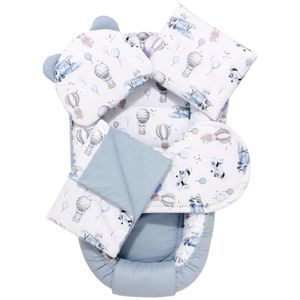 JUKKI Baby Nestchen 5tlg BAUMWOLLE SET für Neugeborene [Balloon Travel Blue] 2seitig 100x55cm Babynest + Matratze + Decke + 2xKissen