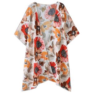 Damen Blumen Chiffon Halbarm Coverup Front Open Anti-UV-Bluse Strickjacke Multicolor XL